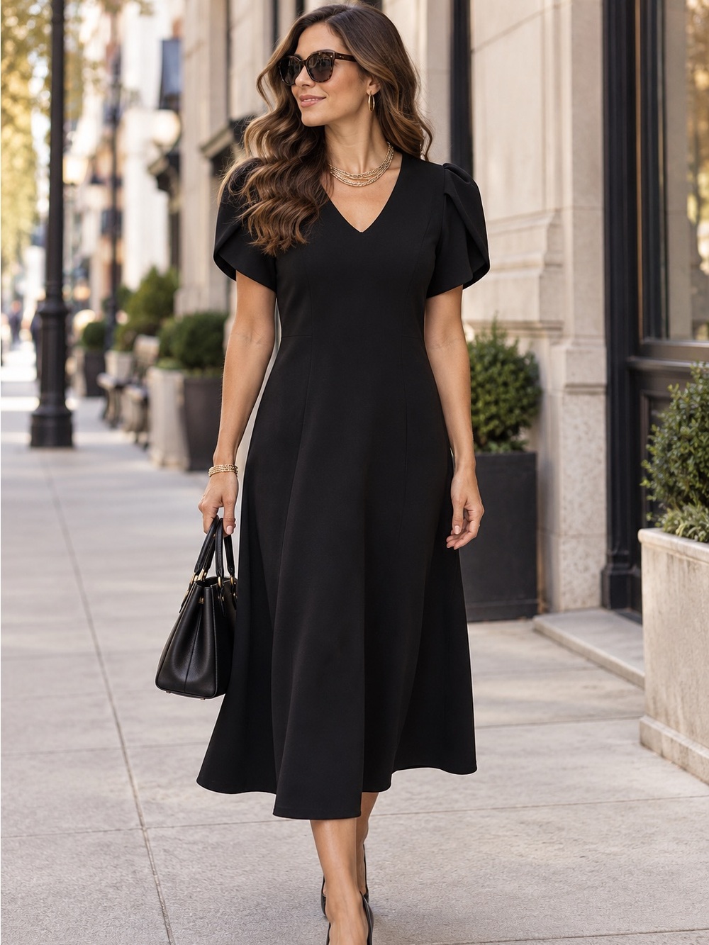 CALVIN KLEIN Women's Black V-neck Short Tulip Sleeve Stretch Midi Dress
